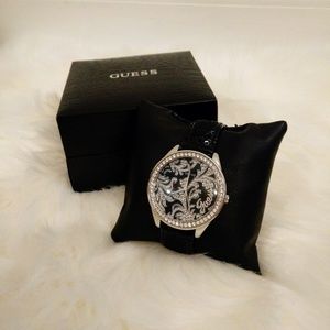 Guess Black & Silver Floral Crystal & Sequin Watch